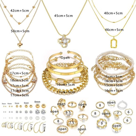 36 PC Gold Plated Jewelry Set with 4 Necklace, 11 Bracelet, 7 Ear Cuffs Earring, - Picture 7 of 8